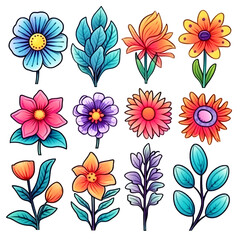 set of cartoon cute flowers sticker watercolor