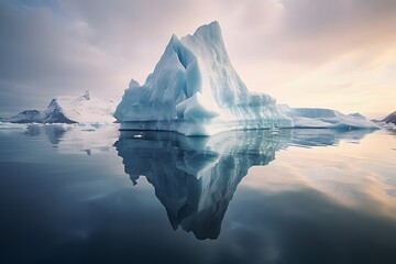 iceberg middile of sea ice broken sky with reflection