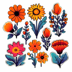 set of cartoon cute flowers sticker watercolor