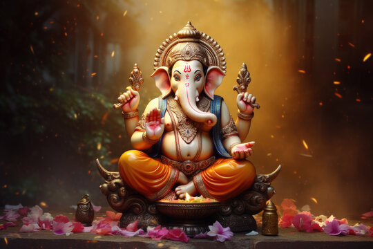 Hindu Lord Ganesha with blurry beautiful and colorful decorative background, Ganesha Ganpati statue, Ganesha festival, Hindu lord concept.