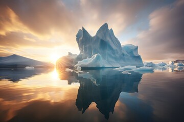 iceberg middile of sea, ice broken with sunset background - obrazy, fototapety, plakaty