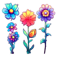 set of cartoon cute flowers sticker watercolor