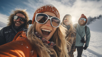 Group of friends taking a selfie in winter mountains. Friends having fun together.