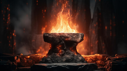 Pedestal stone podium in Fire with fire spark on drak background. made with generative ai - obrazy, fototapety, plakaty