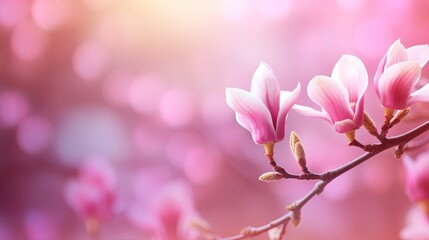  a branch with pink flowers on it with a blurry background.  generative ai