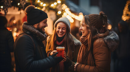 Group of friends having fun on a christmas market, drinking mulled wine
