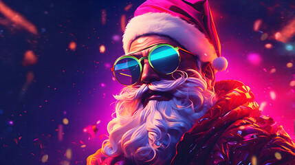 Santa Claus with sunglasses and beard on neon colorful background. Christmas and New Year. Cool hipster Santa Claus with sunglasses. - obrazy, fototapety, plakaty