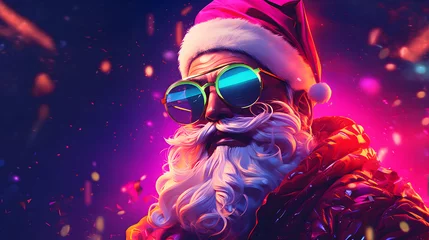 Poster Santa Claus with sunglasses and beard on neon colorful background. Christmas and New Year. Cool hipster Santa Claus with sunglasses. © mandu77