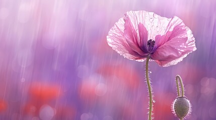  a pink flower with a purple background and raindrops.  generative ai