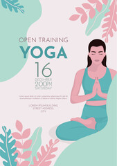 Yoga classes. Girl sitting in lotus position. Advertising flyer, poster template.
