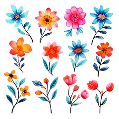 set of cartoon cute flowers sticker watercolor