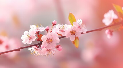  a branch of a tree with pink flowers and green leaves.  generative ai