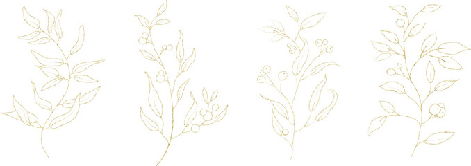  Floral golden set. Hand painted illustration isolated on white background