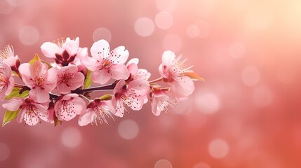  a branch of pink flowers with green leaves on a pink background.  generative ai