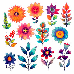 set of cartoon cute flowers sticker watercolor