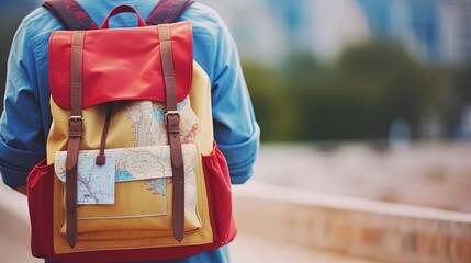 Back view of traveler wearing red vintage backpack in blurred background. traveler concept .