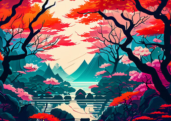 Nature and landscape. Illustration of trees, forests, mountains, flowers, plants and nature. Picture for background, wall art, card or cover, japanese style