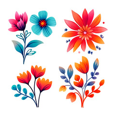 set of cartoon cute flowers sticker watercolor