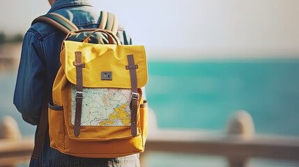 Back view of traveler wearing yellow vintage backpack in blurred background. traveler concept . - obrazy, fototapety, plakaty