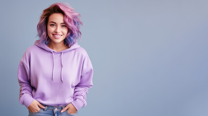 A colorful hair woman wearing purple sweatshirt isolated on pastel