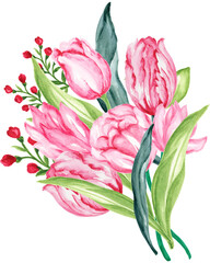 Tulip Flower Bouquet Wreath label border banner watercolor illustation isolated elements