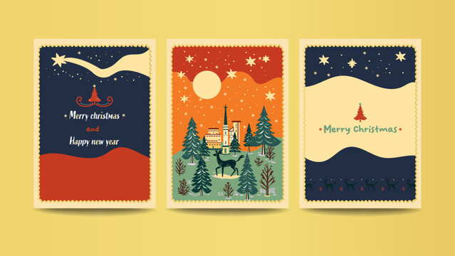 Colección de tres plantillas de ilustraciones navideñas. Para felicitación, postal, web.