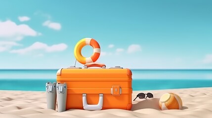 Orange suitcase with beach accessories on sand, sea and  blue sky background. summer travel concept. 