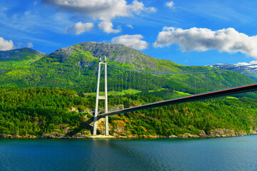 Hardanger bridge over the Eidfjorden branch of Hardangerfjorden in Hordaland county, Norway.