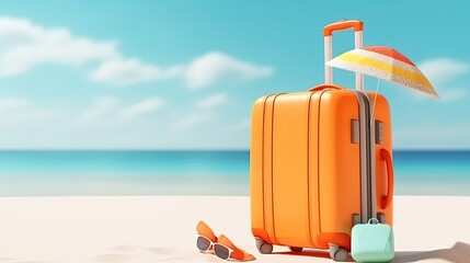 Orange suitcase with beach accessories on sand, sea and  blue sky background. summer travel concept. 