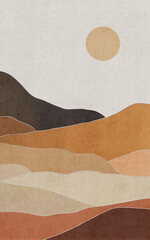 Artistic illustration of geometric mountain and sun composition, modern minimalist painting