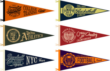 College athletic department basketball football  baseball track field retro  vintage pennant flags vector collection for t shirt print or embroidery applique - obrazy, fototapety, plakaty