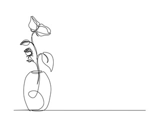 Continuous one line drawing of rose flower in vase. Rose flower in vintage vase outline vector illustration.