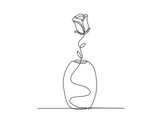 Continuous one line drawing of rose flower in vase. Rose flower in vintage vase outline vector illustration.