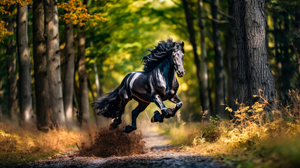 Black stallion gallops in the autumn forest. Horizontal photo.
Beautiful black horse. - 671058911