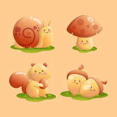 vector flat autumn celebration with cute mushroom snail squirel walnut elements collection