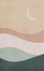 Artistic illustration of geometric mountain and moon composition, modern minimalist painting
