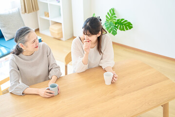 部屋で仲良く話すシニア女性と若い女性