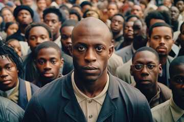 Emotionless serious black man with sad gaze looking in a camera and standing in group of people - obrazy, fototapety, plakaty
