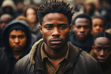 Emotionless black man with sad gaze looking in a camera and standing in group of people - obrazy, fototapety, plakaty