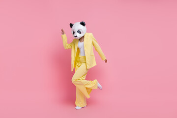 Full size portrait of weird 3d panda mask classy girl enjoy dancing chilling empty space isolated...