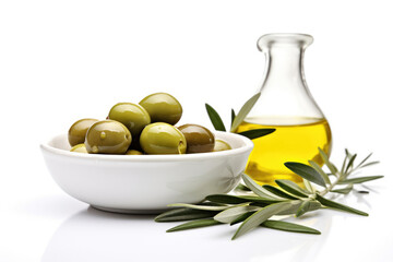 Olive oil in a bowl on white background