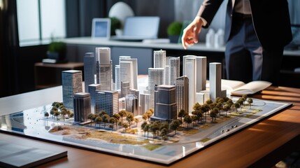 Businessman or architect showing new business office complex model on table. Real estate development concept.