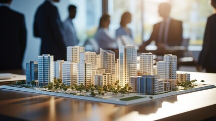 Businessman or architect showing new business office complex model on table. Real estate development concept. - obrazy, fototapety, plakaty