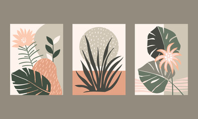Set of trendy vector posters with tropical leaves and flowers. Hand drawn vector illustration.