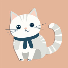 Cute white cat with a scarf. Vector illustration in flat cartoon style.