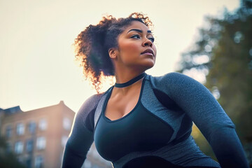 Overweight strong black woman during a morning jog for losing weight, active sporty lifestyle - obrazy, fototapety, plakaty
