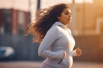 Overweight woman during a morning jog for losing weight, active sporty lifestyle - obrazy, fototapety, plakaty