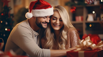 Romantic happy couple in santa claus hats giving gifts at each other while hugging in cozy room - obrazy, fototapety, plakaty