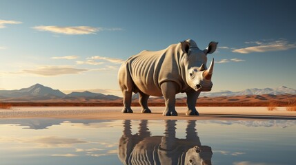 A majestic rhinoceros stands tall amidst the barren desert, gazing up at the vast sky and distant mountains as a shimmering lake beckons in the distance