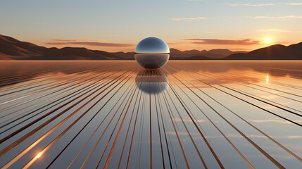 Amidst vast sky and ever-changing horizon, a sphere rests upon the rugged surface, as lines blur into a wild symphony of colors, marking the journey from sunrise to sunset over majestic mountains